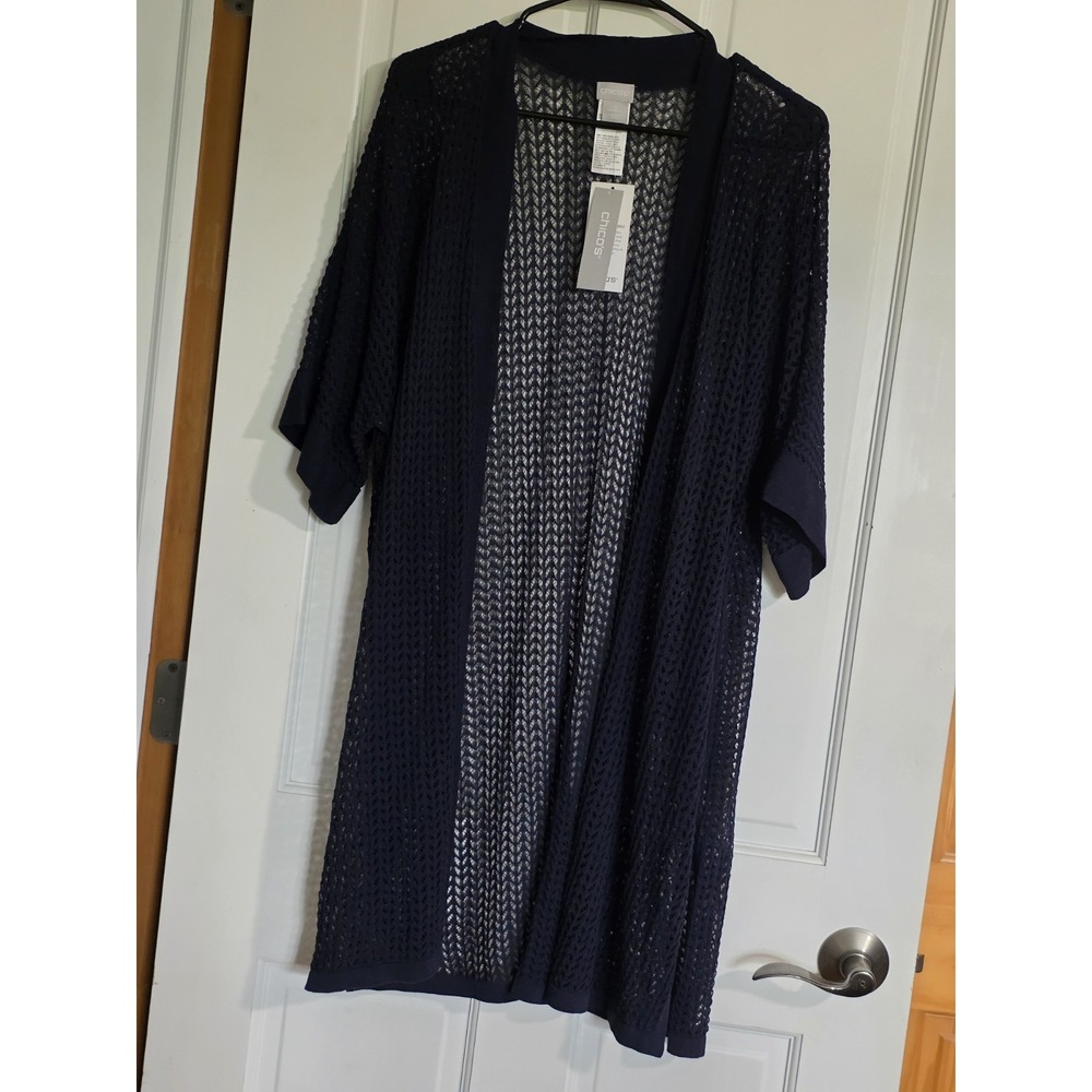 Chicos womens size 3 NWT $99 navy classic open stitch textured cardigan sweater